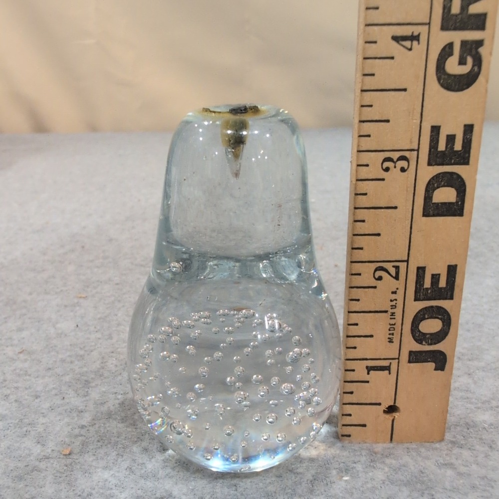 Vintage Clear Controlled Bubble Art Glass Pear Paperweight Metal Stem Figurine - Picture 4 of 4